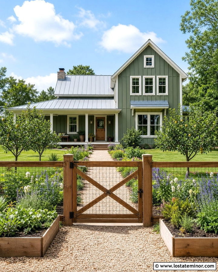 Moss Green House With Farmhouse Wire Fence - 30 Moss Green House Design With Fence Ideas