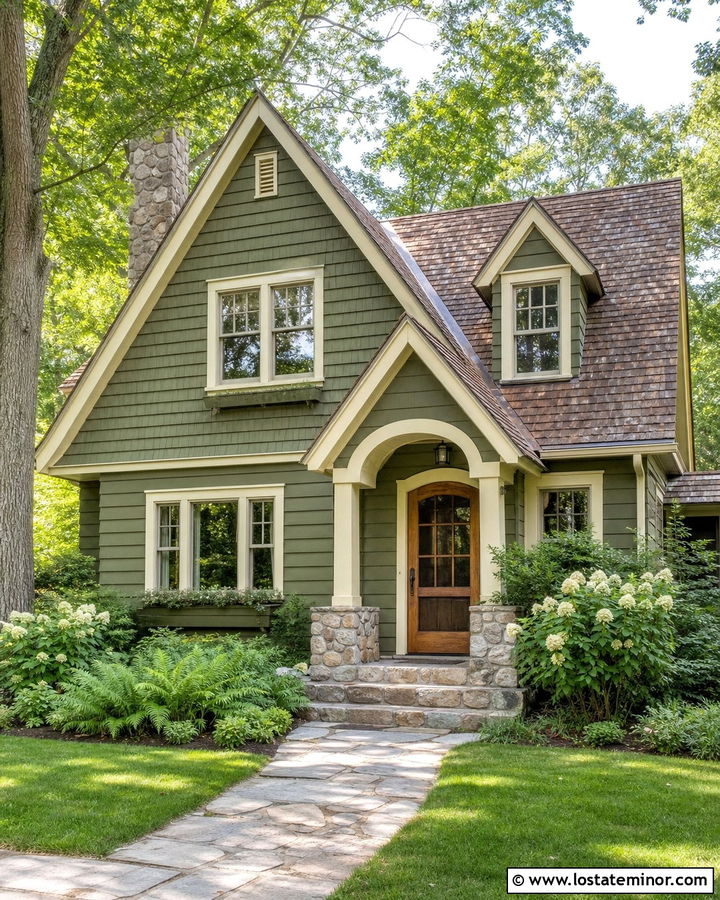 Moss Green House With Fieldstone Porch And Wood Look Storm Door - 30 Moss Green House Design With Storm Door Ideas