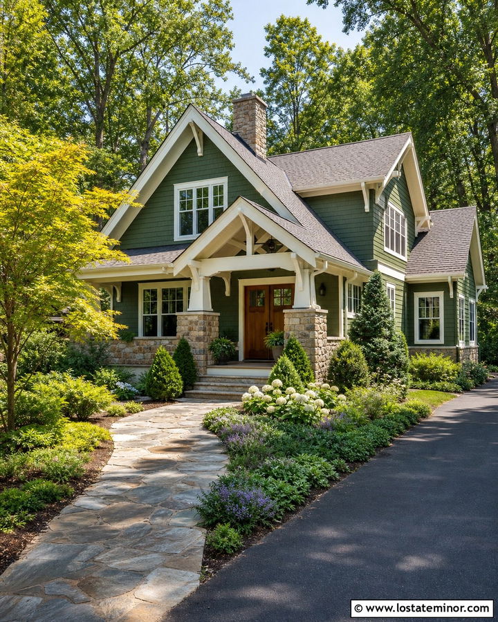 Moss Green House With Flagstone Garden Path - 30 Moss Green House Design With Front Yard Ideas