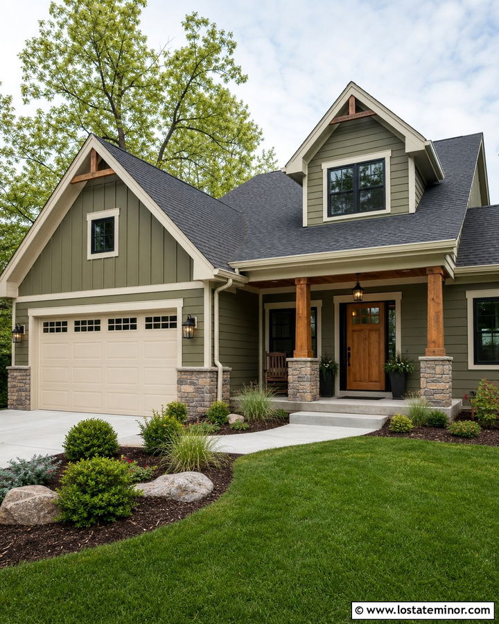 Moss Green House With Front Porch And Garage - 30 Moss Green House Design With Front Porch Ideas