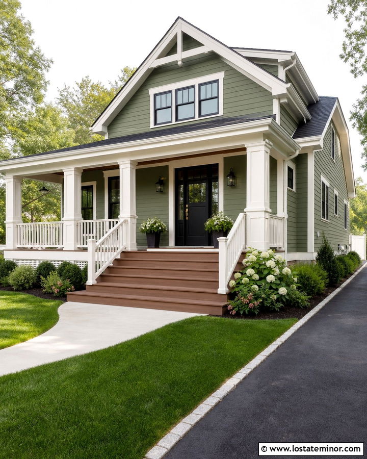Moss Green House With Front Porch Stair Landing - 30 Moss Green House Design With Steps Ideas