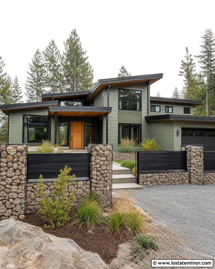 Moss Green House With Gabion Fence - 30 Moss Green House Design With Fence Ideas