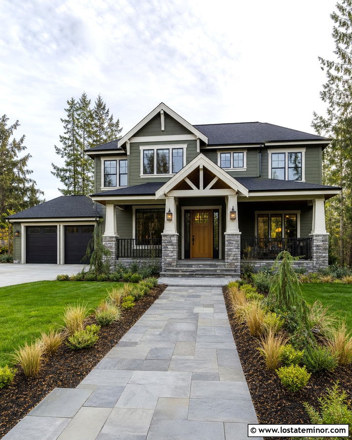 Moss Green House With Gabled Stone Portico - 30 Moss Green House Design With Portico Ideas