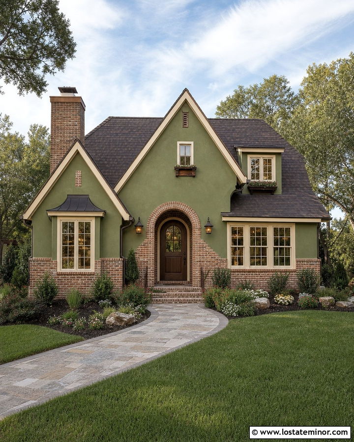 Moss Green House With German Smear Brick - 30 Moss Green House Design With Brick Accents Ideas
