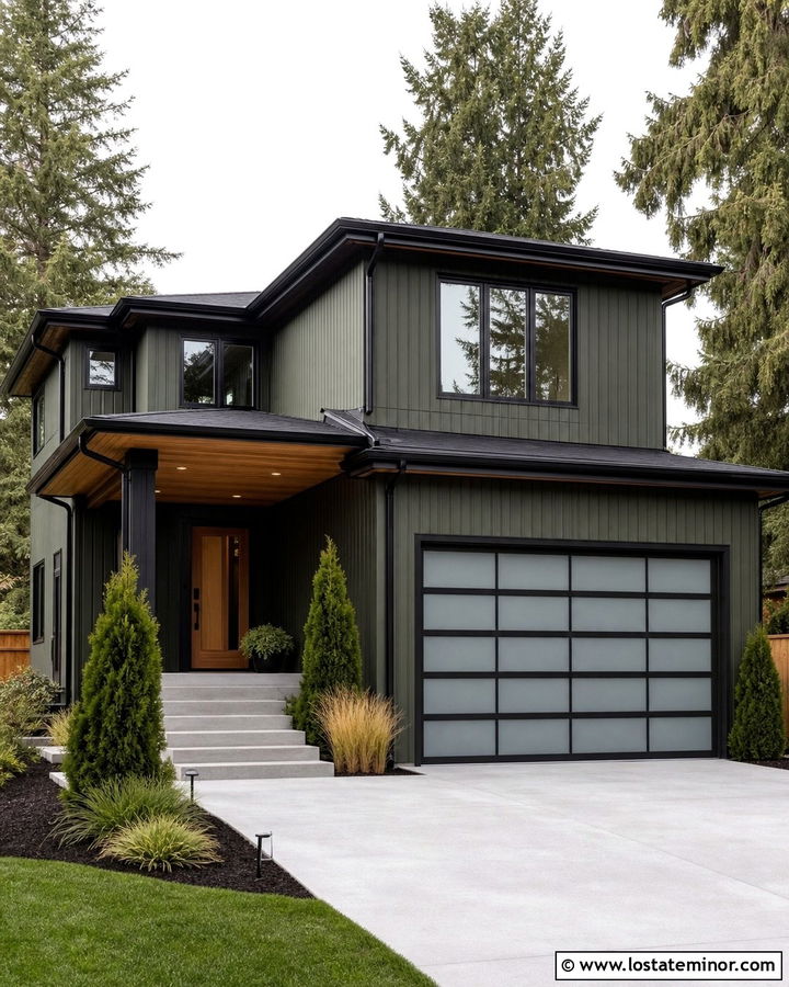 Moss Green House With Glass Garage Door - 30 Moss Green House Design With Garage Door Ideas