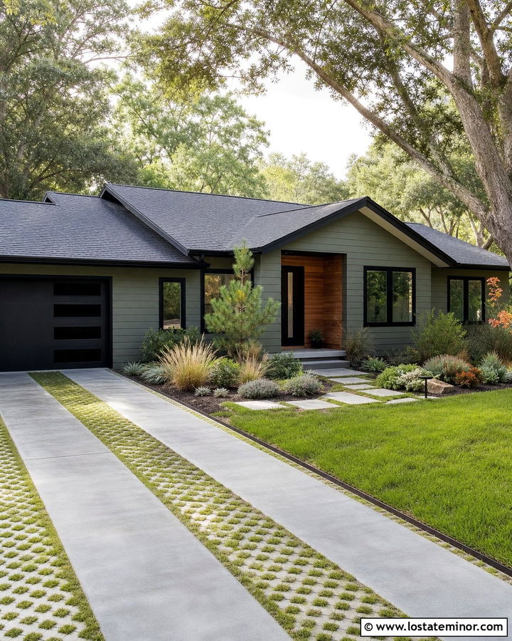 Moss Green House With Grass Paver Driveway - 30 Moss Green House Design With Driveway Ideas
