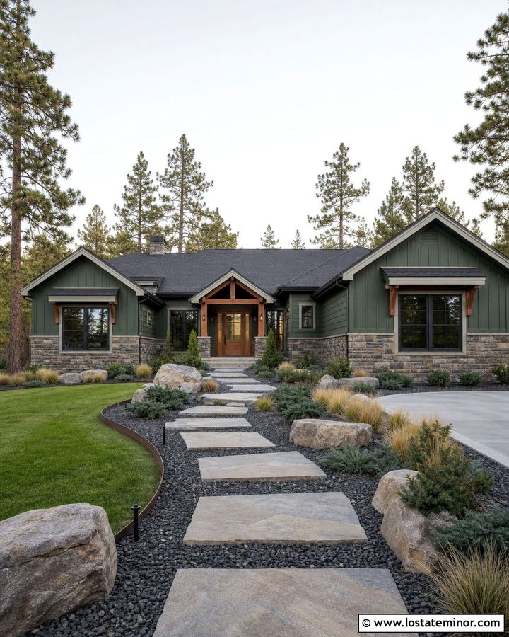 Moss Green House With Gravel And Stone Walkway - 30 Moss Green House Design With Walkway Ideas