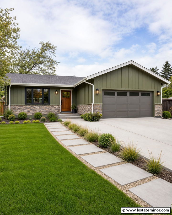 Moss Green House With Gray Garage Door - 30 Moss Green House Design With Garage Door Ideas