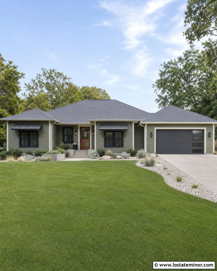 Moss Green House With Gray Metal Awnings - 30 Moss Green House Design With Awning Ideas