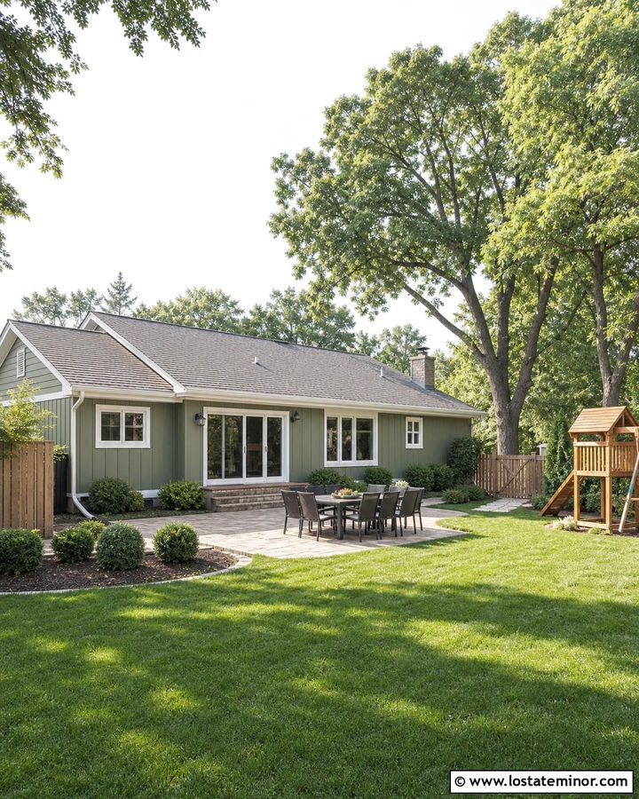Moss Green House With Gray Roof And Play Lawn - 30 Moss Green House Design With Backyard Ideas