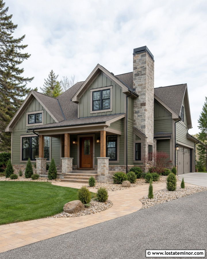 Moss Green House With Gray Stone Chimney - 30 Moss Green House Design With Chimney Ideas