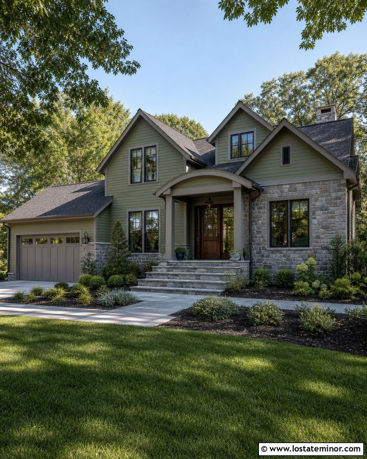 Moss Green House With Gray Trim And Stone - 30 Moss Green House Design With Trim Ideas