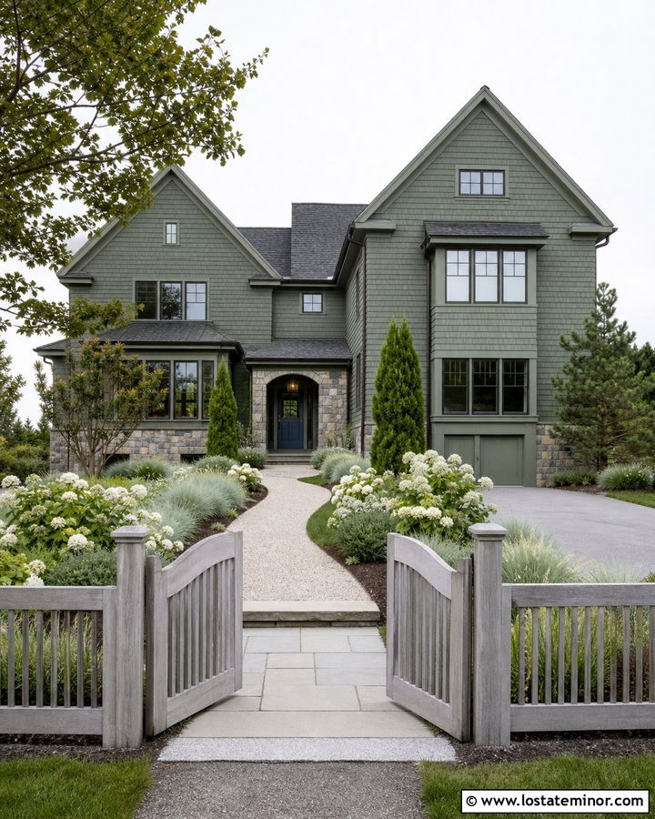 Moss Green House With Gray Wood Fence - 30 Moss Green House Design With Fence Ideas