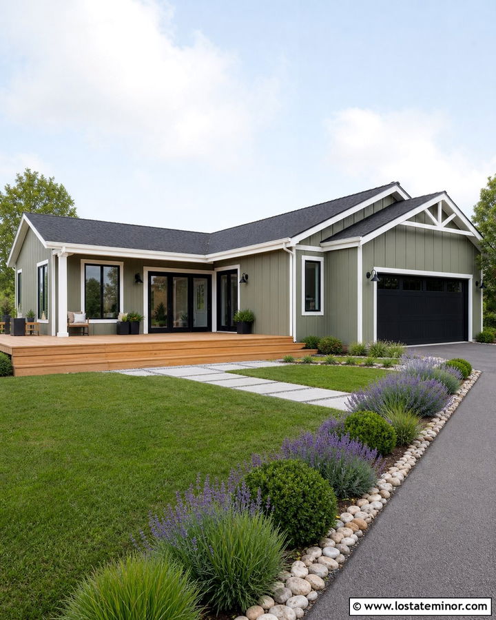Moss Green House With Ground Level Platform Deck - 30 Moss Green House Design With Deck Ideas