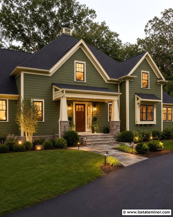 Moss Green House With Layered Exterior Lighting - 30 Moss Green House Design With Light Fixtures Ideas