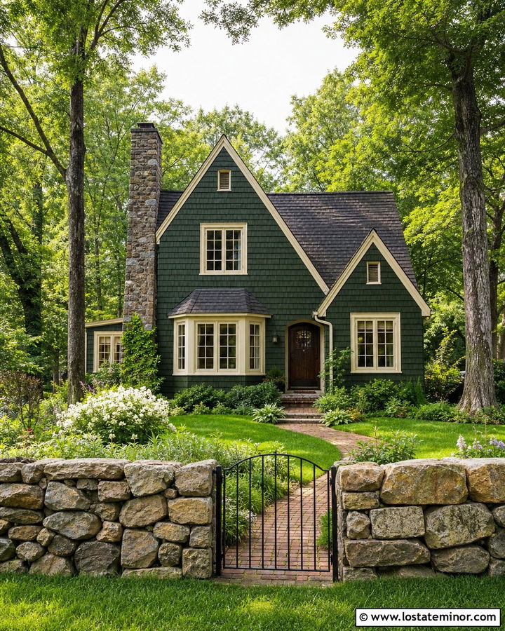 Moss Green House With Low Stone Wall Fence - 30 Moss Green House Design With Fence Ideas