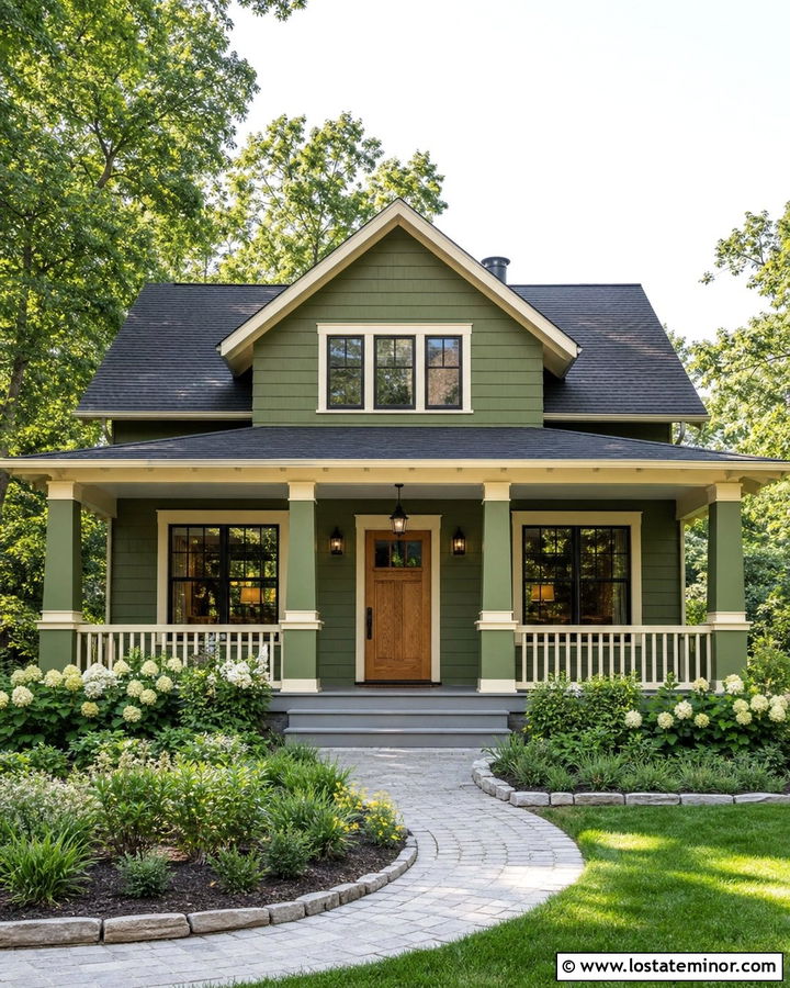 Moss Green House With Matching Green Porch Columns - 30 Moss Green House Design With Porch Columns Ideas