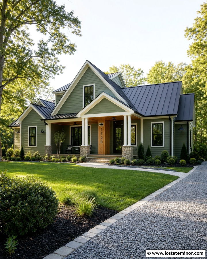 Moss Green House With Metal Roof And Black Numbers - 30 Moss Green House Design With House Numbers Ideas