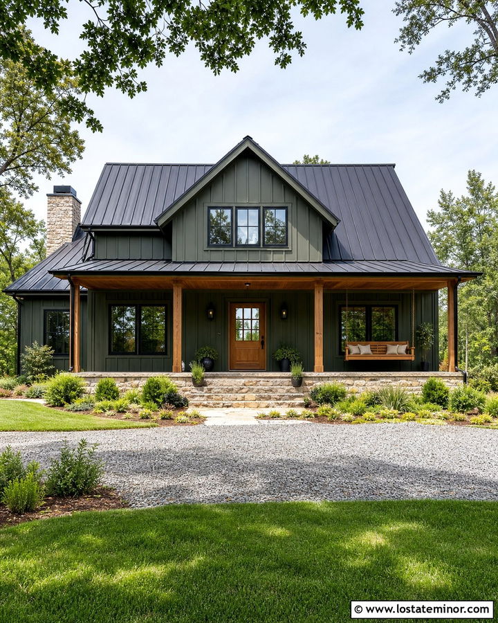 Moss Green House With Metal Roof And Cedar Swing - 30 Moss Green House Design With Swing Ideas