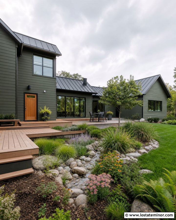 Moss Green House With Metal Roof And Rain Garden - 30 Moss Green House Design With Backyard Ideas