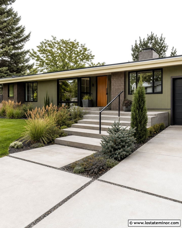 Moss Green House With Midcentury Concrete Steps - 30 Moss Green House Design With Steps Ideas