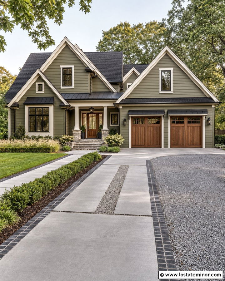 Moss Green House With Mixed Material Driveway - 30 Moss Green House Design With Driveway Ideas