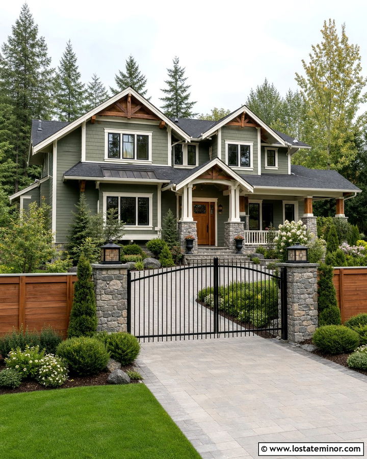 Moss Green House With Mixed Material Fence - 30 Moss Green House Design With Fence Ideas
