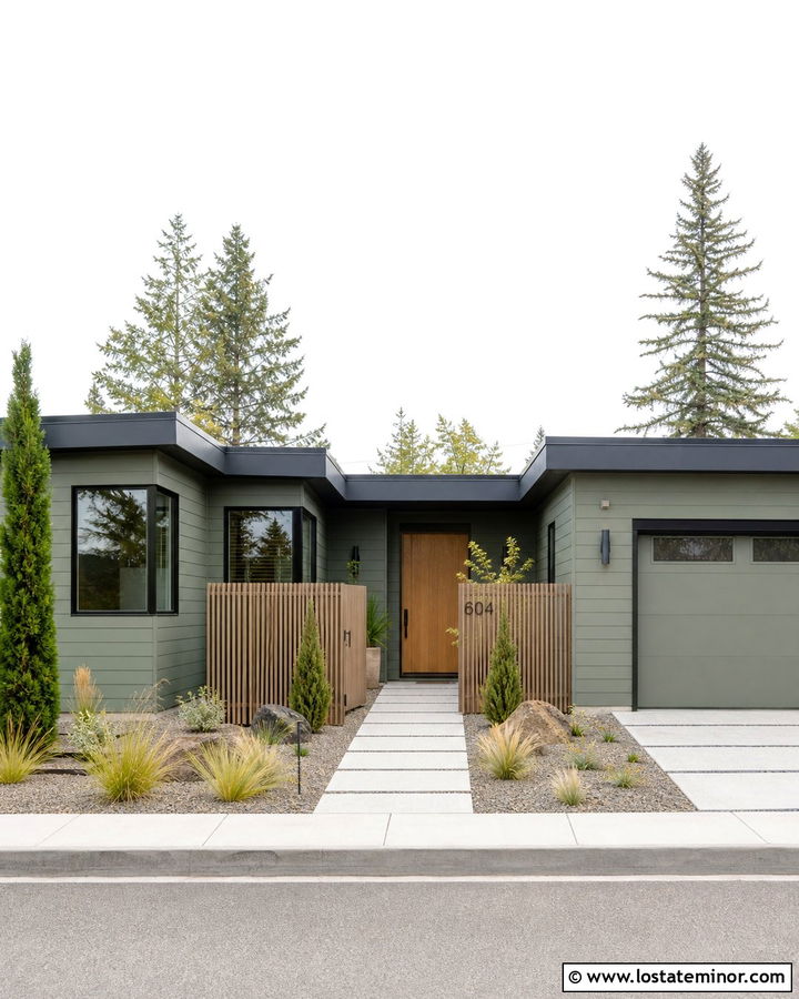 Moss Green House With Modern Slat Fence - 30 Moss Green House Design With Fence Ideas