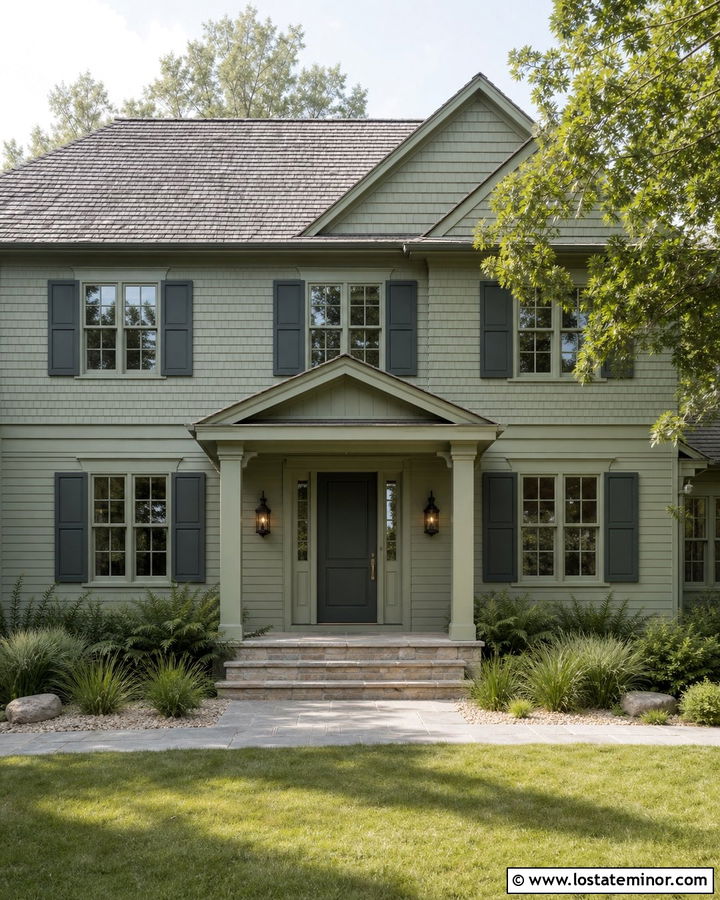 Moss Green House With Monochromatic Portico - 30 Moss Green House Design With Portico Ideas