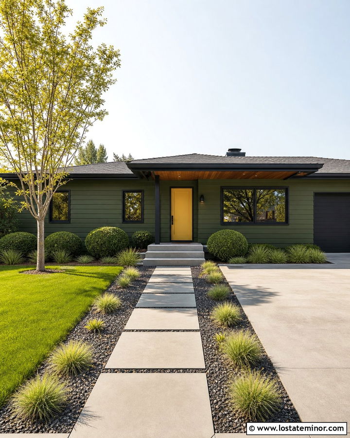 Moss Green House With Mustard Door And Dark Trim - 30 Moss Green House Design With Accents Ideas