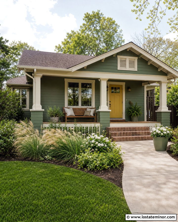 Moss Green House With Mustard Front Door - 30 Moss Green House Design With Front Porch Ideas