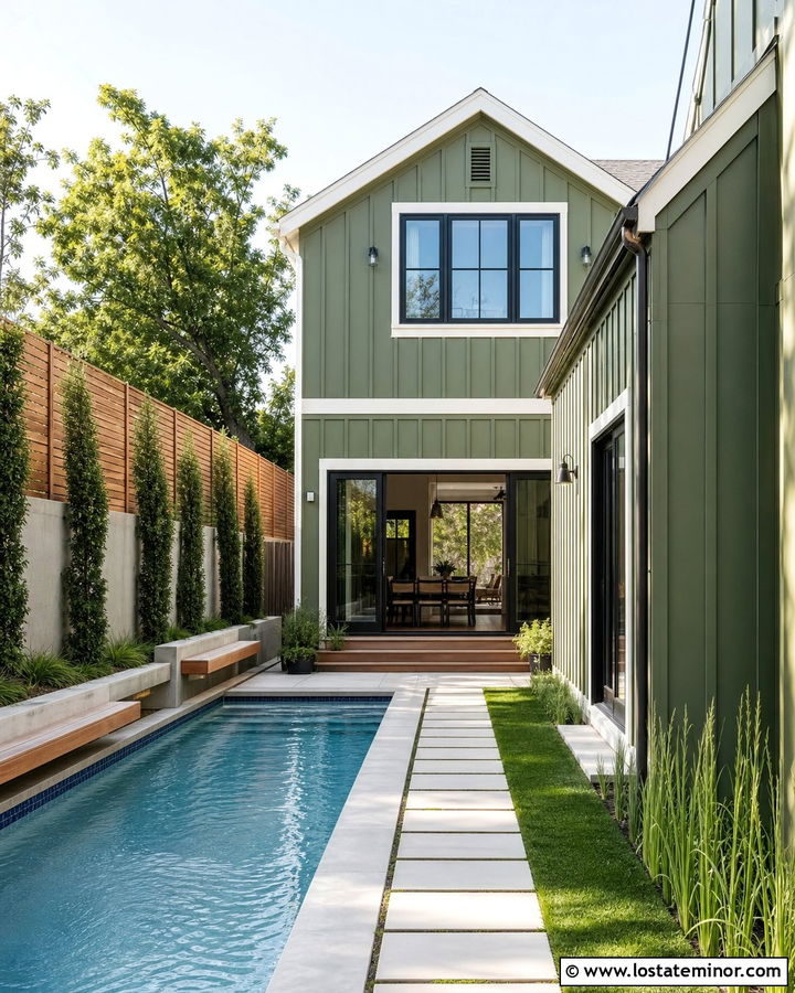 Moss Green House With Narrow Backyard Pool - 30 Moss Green House Design With Swimming Pool Ideas