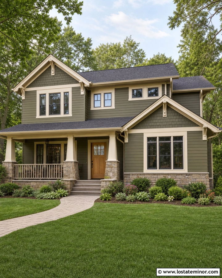 Moss Green House With Natural Wood Entry Door - 30 Moss Green House Design With Entry Door Ideas