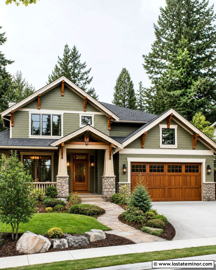 Moss Green House With Natural Wood Garage Door - 30 Moss Green House Design With Garage Door Ideas
