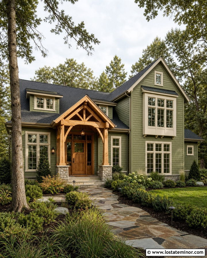 Moss Green House With Natural Wood Portico - 30 Moss Green House Design With Portico Ideas