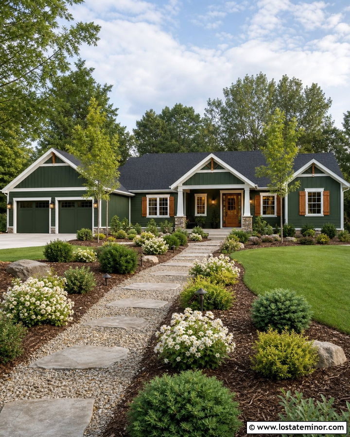 Moss Green House With Natural Wood Shutters - 30 Moss Green House Design With Front Yard Ideas