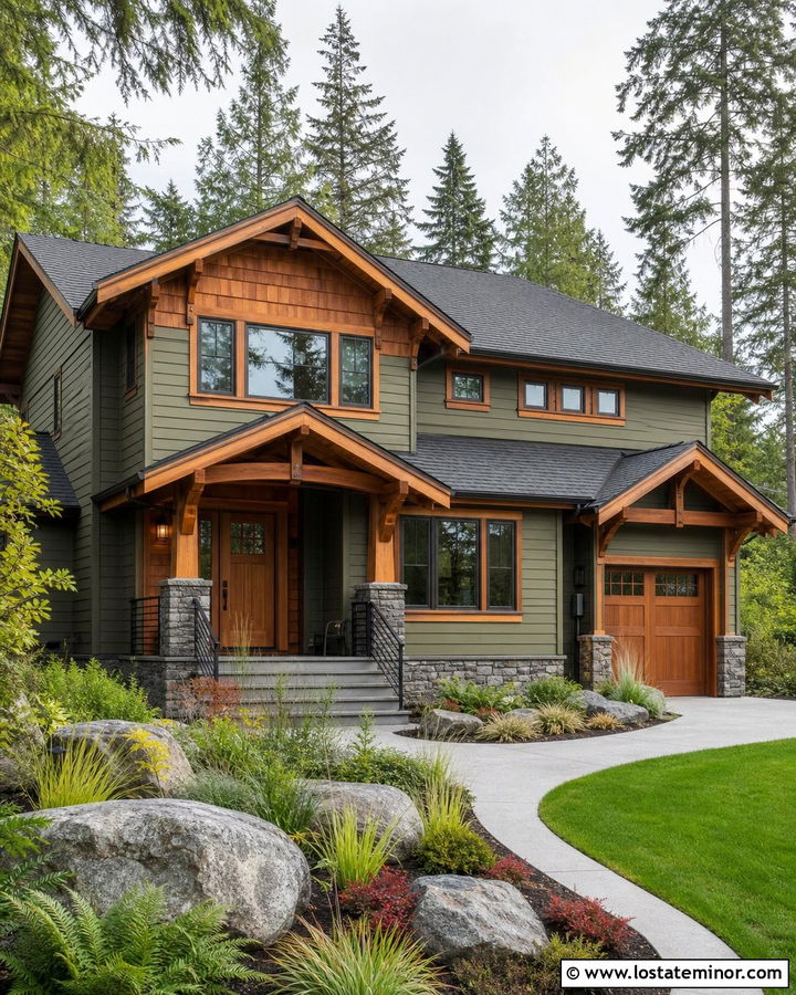 Moss Green House With Natural Wood Trim And Gray Roof - 30 Moss Green House Design With Roof Ideas