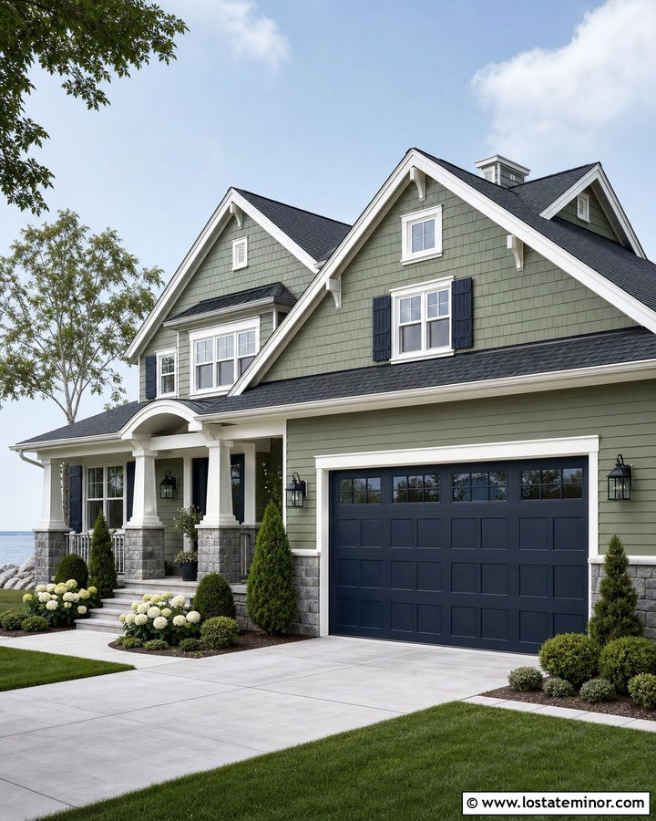 Moss Green House With Navy Garage Door - 30 Moss Green House Design With Garage Door Ideas