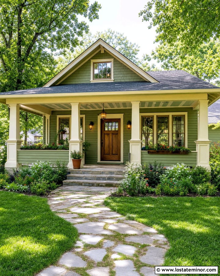 Moss Green House With Painted Pattern Porch Ceiling - 30 Moss Green House Design With Porch Ceiling Ideas