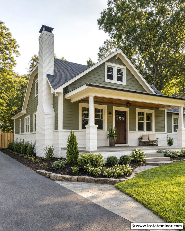 Moss Green House With Painted White Brick - 30 Moss Green House Design With Brick Accents Ideas