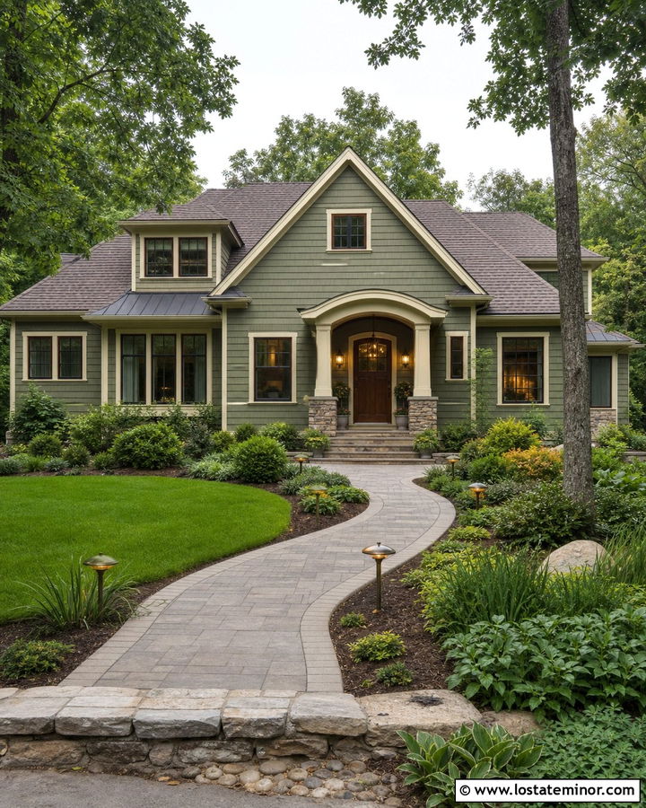 Moss Green House With Pathway Lighting - 30 Moss Green House Design With Lighting Ideas