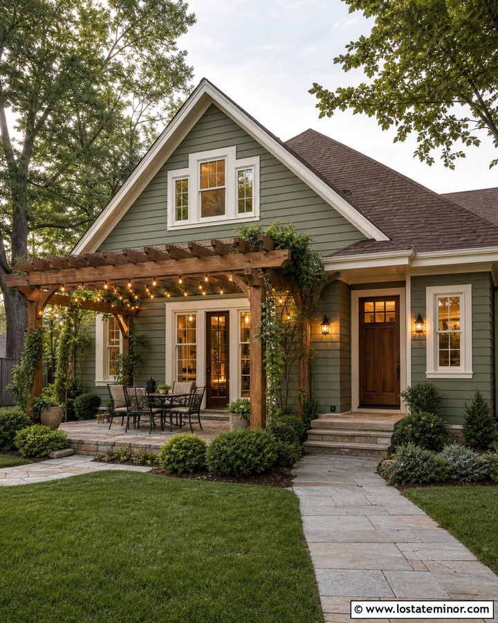 Moss Green House With Pergola String Lights - 30 Moss Green House Design With Lighting Ideas