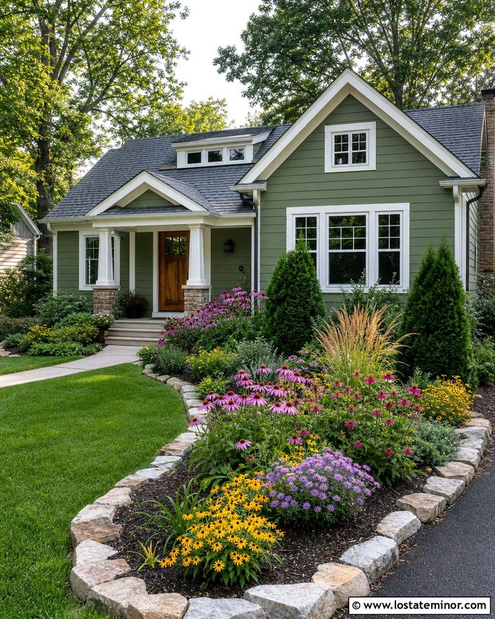 Moss Green House With Pollinator Garden Landscaping - 30 Moss Green House Design With Landscaping Ideas