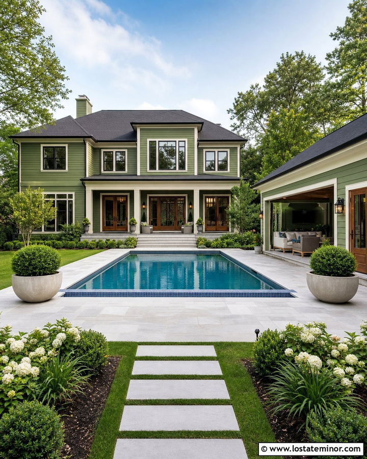 Moss Green House With Pool Cabana - 30 Moss Green House Design With Swimming Pool Ideas