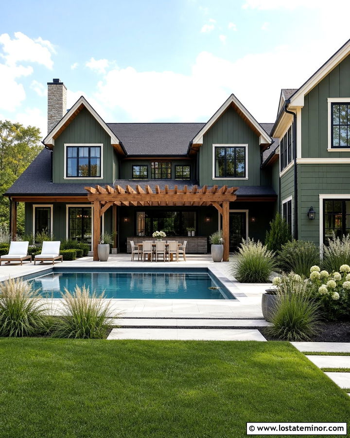Moss Green House With Poolside Pergola - 30 Moss Green House Design With Swimming Pool Ideas