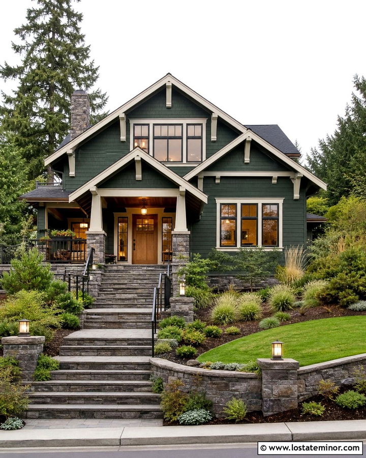 Moss Green House With Raised Stone Steps - 30 Moss Green House Design With Walkway Ideas