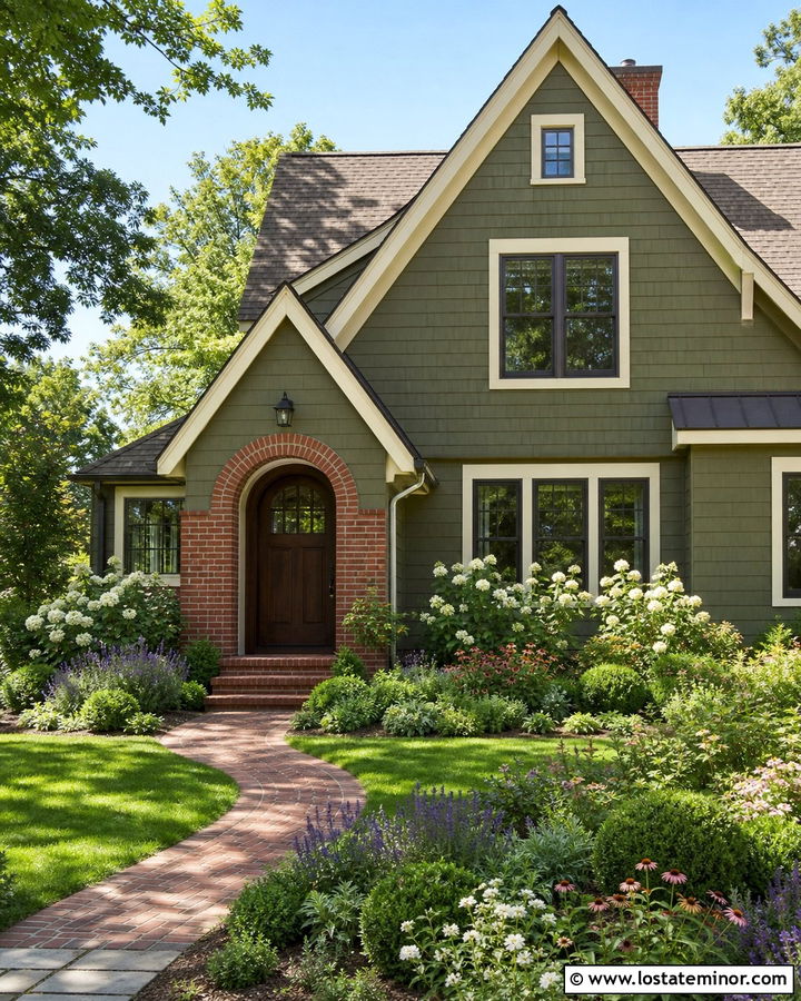 Moss Green House With Red Brick And Cottage Landscaping - 30 Moss Green House Design With Landscaping Ideas
