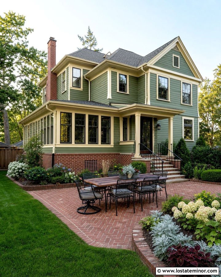 Moss Green House With Red Brick And Dining Patio - 30 Moss Green House Design With Backyard Ideas