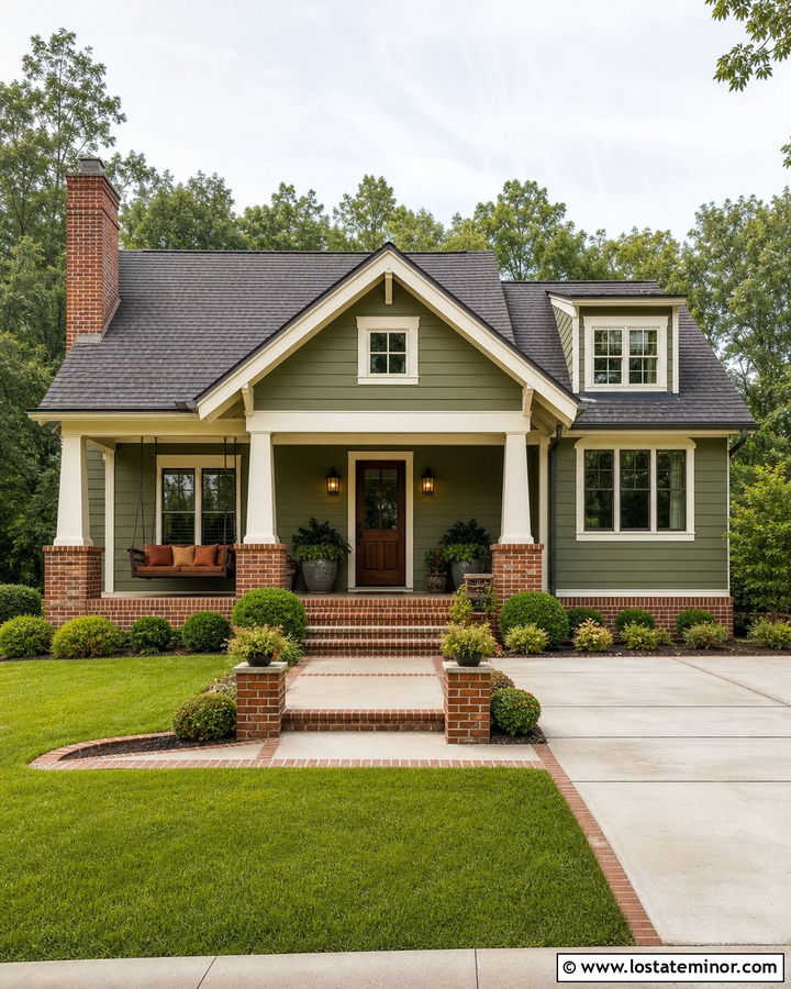 Moss Green House With Red Brick And Porch Swing - 30 Moss Green House Design With Swing Ideas