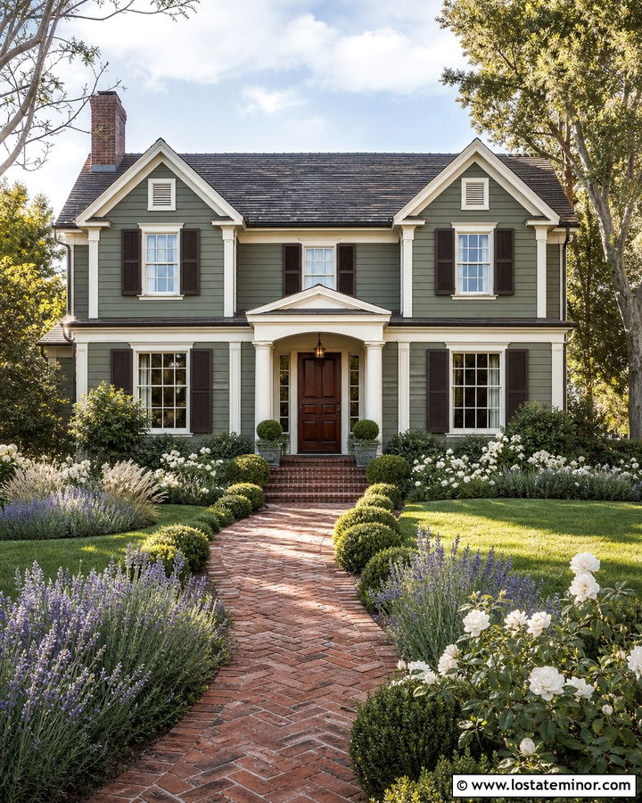 Moss Green House With Red Brick Walkway - 30 Moss Green House Design With Front Yard Ideas